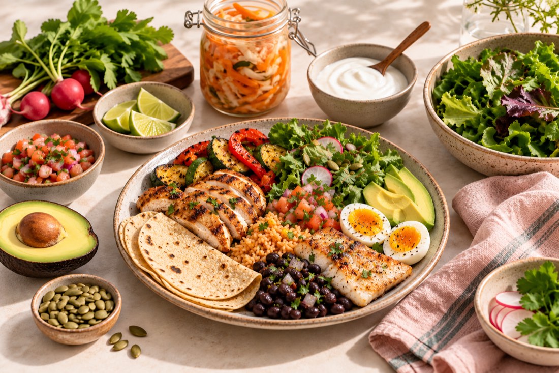Mesa omnívora con pollo, pescado, huevo, vegetales, frijoles, tortillas y alimentos fermentados.
